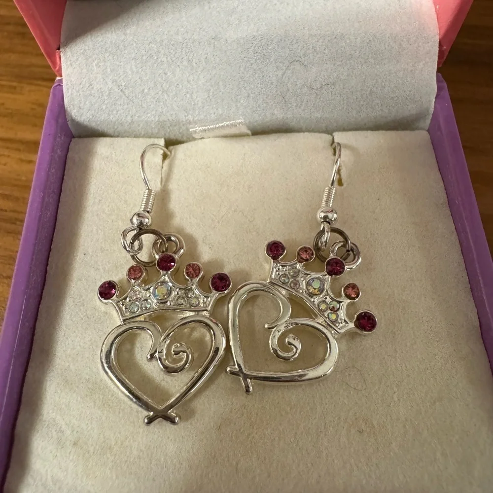 Silver Heart Crown Earrings with Pink Accents